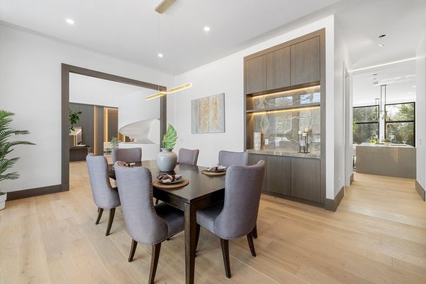 Dining room, Interior, Pendant Lights, Recessed Lighting, Wood Texture Flooring