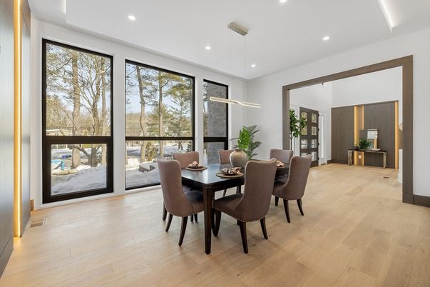 Dining room, Interior, Pendant Lights, Recessed Lighting, Wood Texture Flooring