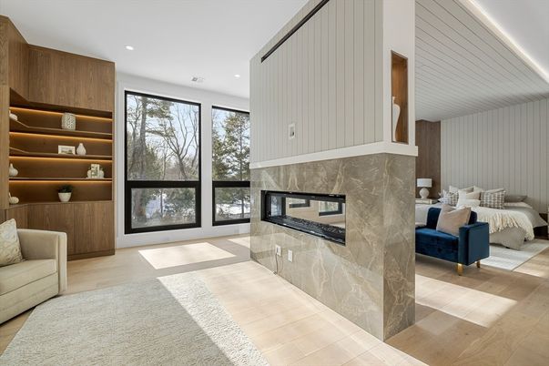 Bedroom, Fireplace, Interior, Recessed Lighting, Wood Texture Flooring