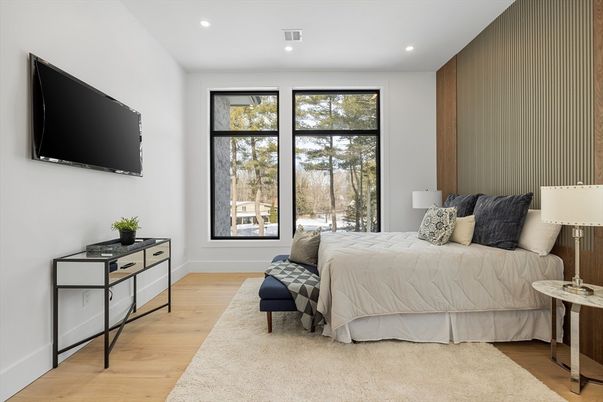 Bedroom, Interior, Recessed Lighting, Wood Texture Flooring