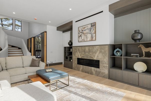 Fireplace, Interior, Living room, Recessed Lighting, Wood Texture Flooring