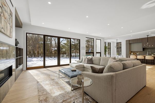 Fireplace, Interior, Kitchen, Living room, Pendant Lights, Recessed Lighting, Wood Texture Flooring
