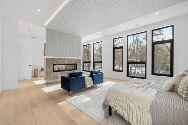 Bedroom, Fireplace, Interior, Recessed Lighting, Wood Texture Flooring