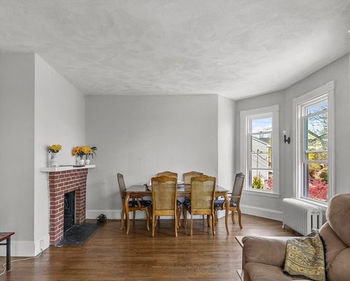 Dining room, Fireplace, Interior, Wood Texture Flooring
