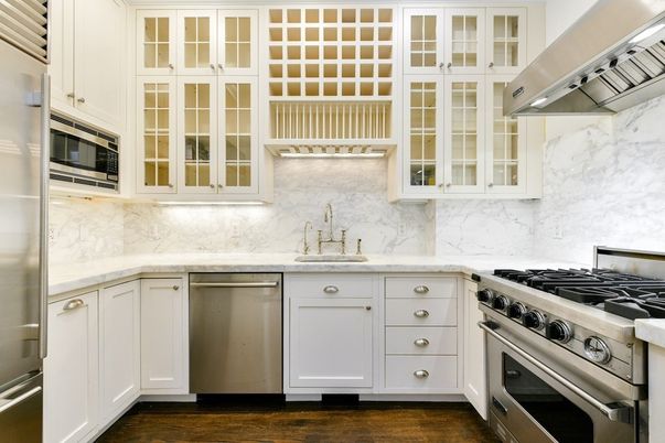 Interior, Kitchen, Marble Walls, Stainless Steel Appliances, Wood Texture Flooring