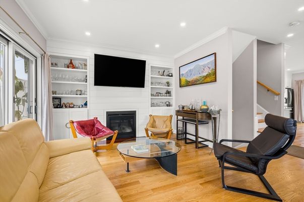 Fireplace, Interior, Living room, Recessed Lighting, Wood Texture Flooring