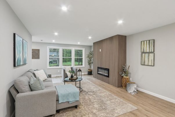 Fireplace, Interior, Living room, Recessed Lighting, Wood Texture Flooring
