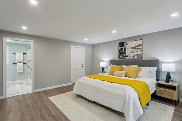 Bedroom, Interior, Marble, Recessed Lighting, Wood Texture Flooring