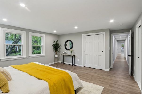 Bedroom, Interior, Recessed Lighting, Wood Texture Flooring