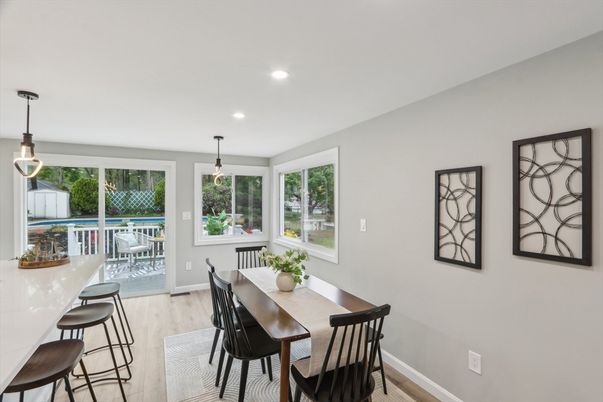 Dining room, Interior, Pendant Lights, Recessed Lighting, Wood Texture Flooring