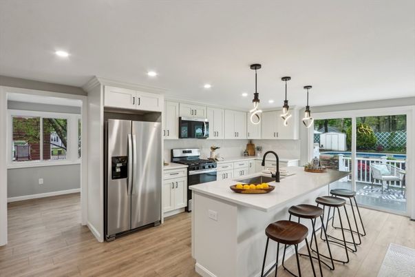 Interior, Kitchen, Pendant Lights, Recessed Lighting, Stainless Steel Appliances, Wood Texture Flooring