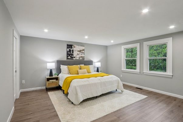 Bedroom, Interior, Recessed Lighting, Wood Texture Flooring