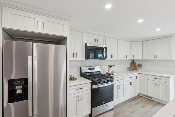 Interior, Kitchen, Recessed Lighting, Stainless Steel Appliances, Wood Texture Flooring
