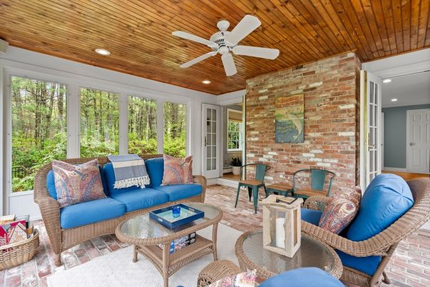 Interior, Living room, Recessed Lighting, Stone Walls, Sun Room, Wooden Ceilings