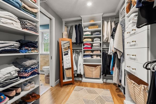 Bathroom, Interior, Recessed Lighting, Walk-in Closets, Wood Texture Flooring