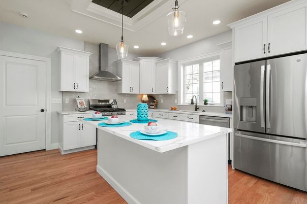 Interior, Kitchen, Pendant Lights, Recessed Lighting, Stainless Steel Appliances, Wood Texture Flooring