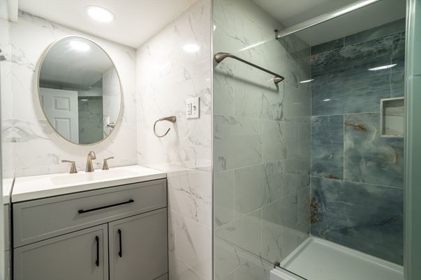 Bathroom, Glass Shower, Interior, Marble Walls, Recessed Lighting