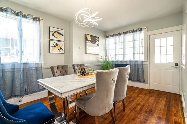Dining room, Interior, Pendant Lights, Wood Texture Flooring
