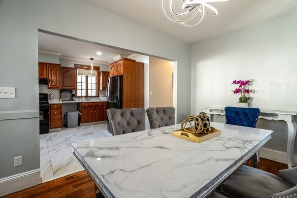Dining room, Interior, Kitchen, Marble, Pendant Lights, Recessed Lighting, Wood Texture Flooring