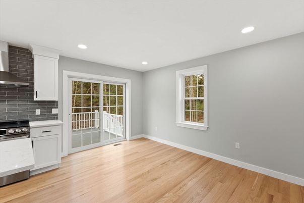 Empty room, Interior, Kitchen, Recessed Lighting, Wood Texture Flooring