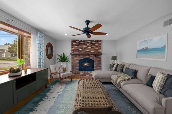 Fireplace, Interior, Living room, Recessed Lighting, Stone Walls