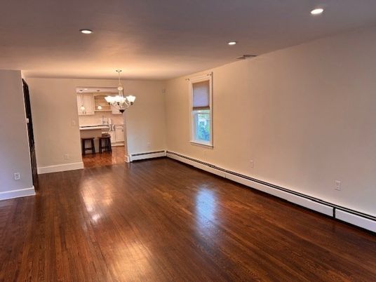 Chandelier, Empty room, Interior, Recessed Lighting, Wood Texture Flooring