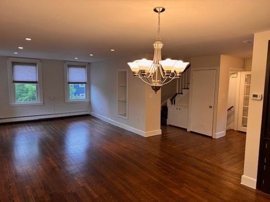 Chandelier, Empty room, Interior, Recessed Lighting, Wood Texture Flooring