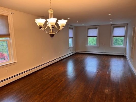 Chandelier, Empty room, Interior, Recessed Lighting, Wood Texture Flooring