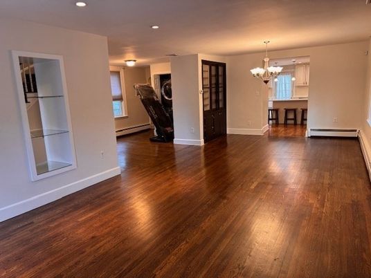 Chandelier, Empty room, Interior, Recessed Lighting, Wood Texture Flooring