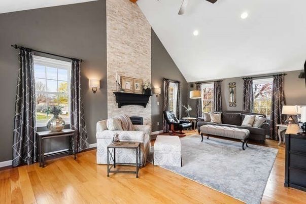 Fireplace, Interior, Living room, Recessed Lighting, Stone Walls, Wood Texture Flooring