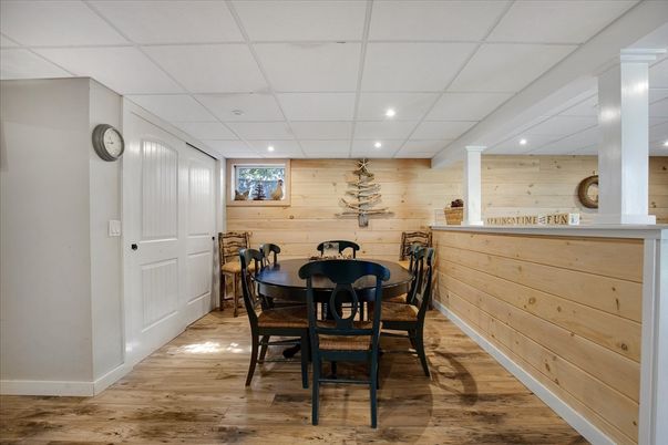 Dining room, Interior, Recessed Lighting, Wood Texture Flooring, Wooden Walls