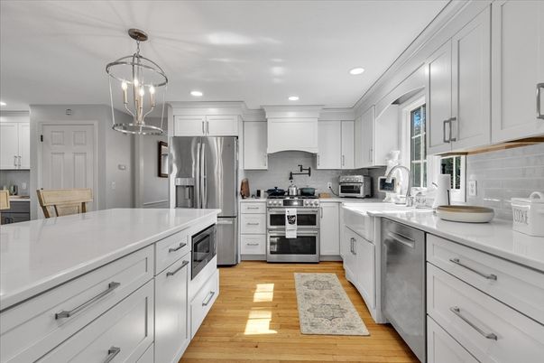 Interior, Kitchen, Pendant Lights, Recessed Lighting, Stainless Steel Appliances, Wood Texture Flooring