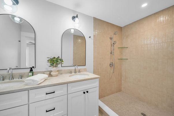 Bathroom, Dual Sink Vanities, Glass Shower, Interior, Recessed Lighting
