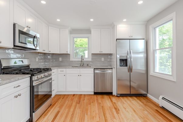Interior, Kitchen, Recessed Lighting, Stainless Steel Appliances, Wood Texture Flooring