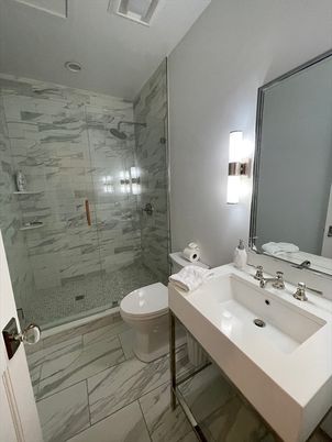Bathroom, Glass Shower, Interior, Marble, Marble Walls, Recessed Lighting