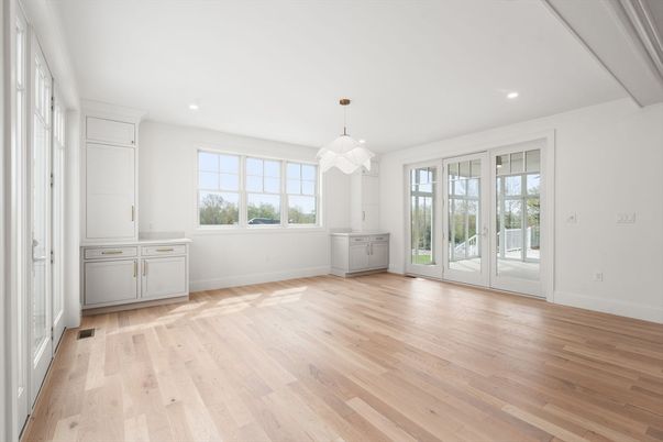 Empty room, Interior, Pendant Lights, Recessed Lighting, Wood Texture Flooring