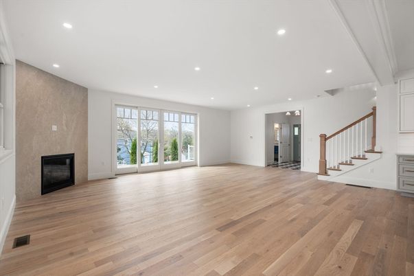 Empty room, Fireplace, Interior, Recessed Lighting, Wood Texture Flooring