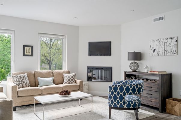 Fireplace, Interior, Living room, Recessed Lighting, Wood Texture Flooring