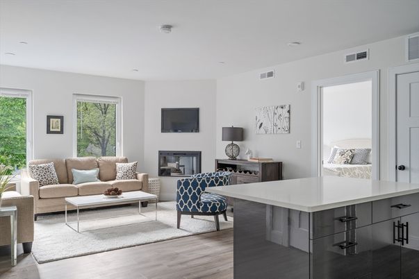 Bedroom, Fireplace, Interior, Living room, Recessed Lighting, Wood Texture Flooring