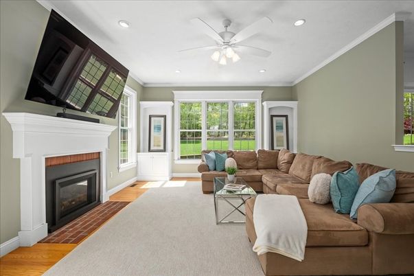 Fireplace, Interior, Living room, Recessed Lighting, Wood Texture Flooring