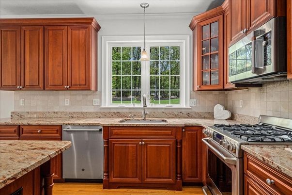 Interior, Kitchen, Pendant Lights, Stainless Steel Appliances, Wood Texture Flooring