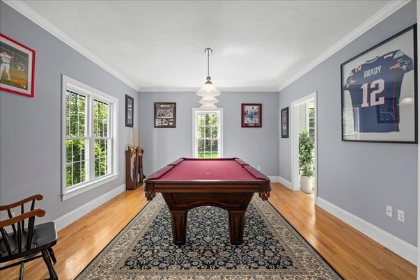 Billiard Table, Game Room, Interior, Pendant Lights, Wood Texture Flooring