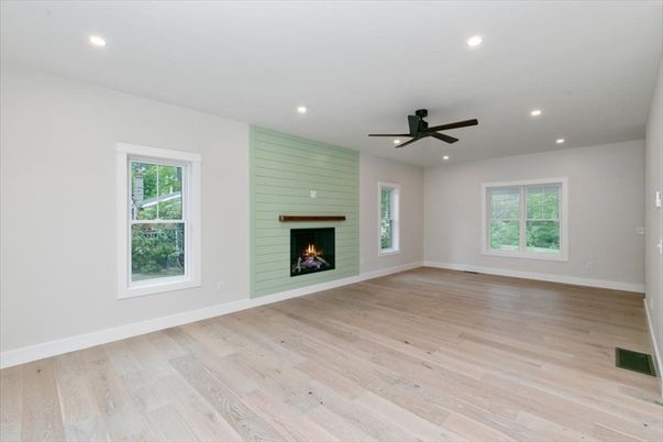Empty room, Fireplace, Interior, Recessed Lighting, Wood Texture Flooring