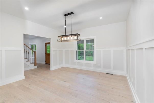 Empty room, Interior, Pendant Lights, Recessed Lighting, Wood Texture Flooring
