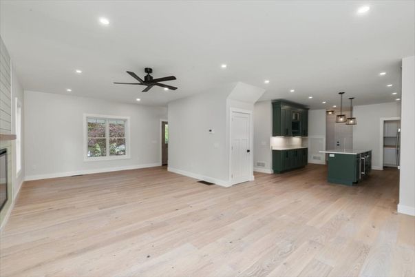 Empty room, Interior, Kitchen, Pendant Lights, Recessed Lighting, Wood Texture Flooring