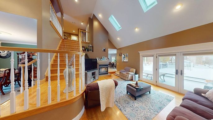 Dining room, Fireplace, Interior, Living room, Recessed Lighting, Wood Texture Flooring