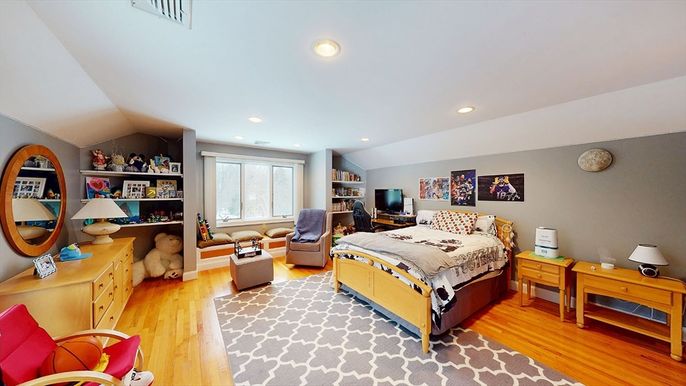 Bedroom, Interior, Recessed Lighting, Wood Texture Flooring