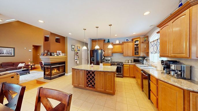 Fireplace, Interior, Kitchen, Living room, Pendant Lights, Recessed Lighting, Stainless Steel Appliances
