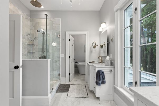 Bathroom, Dual Sink Vanities, Glass Shower, Interior, Marble, Marble Walls, Recessed Lighting