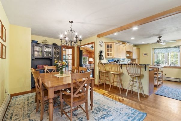 Chandelier, Dining room, Interior, Kitchen, Recessed Lighting, Wooden Beams, Wood Texture Flooring